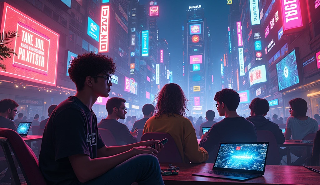 Create a vibrant, cyberpunk-style collage representing modern youth's concept of a beautiful life focused on entertainment. The scene should include futuristic elements such as neon-lit holographic displays of social media apps like TikTok and Instagram on a sleek, high-tech smartphone. Include a gaming console with glowing neon lights, and a group of friends watching a show on a holographic screen in a futuristic setting. Depict a person wearing advanced VR goggles with a visible digital interface, and another person listening to music with high-tech, illuminated headphones. Symbols of creativity should be present, such as a glowing digital drawing tablet and a microphone with neon accents. The background should feature a futuristic cityscape with neon signs, retro patterns, and concert lights, blending a sense of nostalgia with futuristic aesthetics