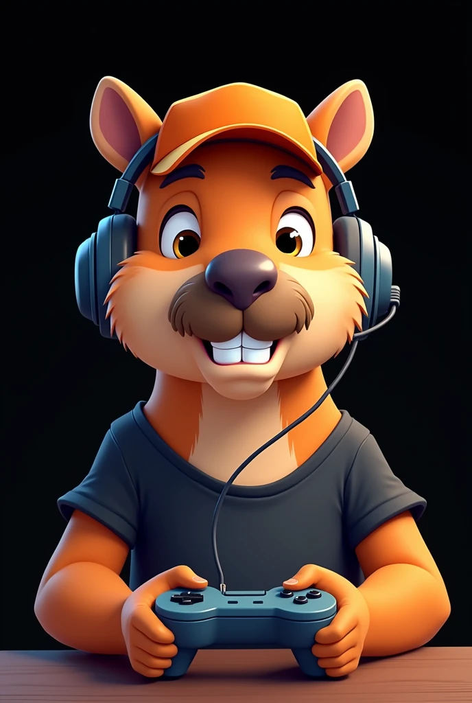 Cartoon drawing of a capybara face with a mustache playing a video game in a black t-shirt, orange cap and headphones