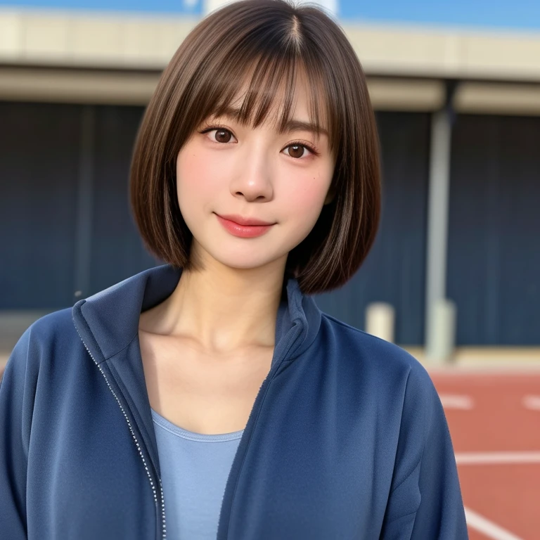 (kawaii 24 year-old Japanese girl, Nogizaka idol, Korean idol), healthy female athlete body, (glossy brown hair, short hair, pixie cut, bangs:1.3), (rounded face, beautiful black eyes, single eyelid, no makeup:1.2), (looking at away, empty eyes, sigh:1.3), (wearing light blue track jacket, sweat jogger pants:1.3), perfect shaped extra small breasts, BREAK, (track and field stadium background), (dynamic angle, bust shot:1.2), BREAK, (masterpiece, best quality, photo realistic, official art:1.4), (UHD, 8K quality wallpaper, high resolution, raw photo, golden ratio:1.3), (shiny skin), professional lighting, physically based rendering, award winning, (highly detailed skin, extremely detailed face and eyes), Carl Zeiss 85 mm F/1.4, depth of field, 1girl, solo,