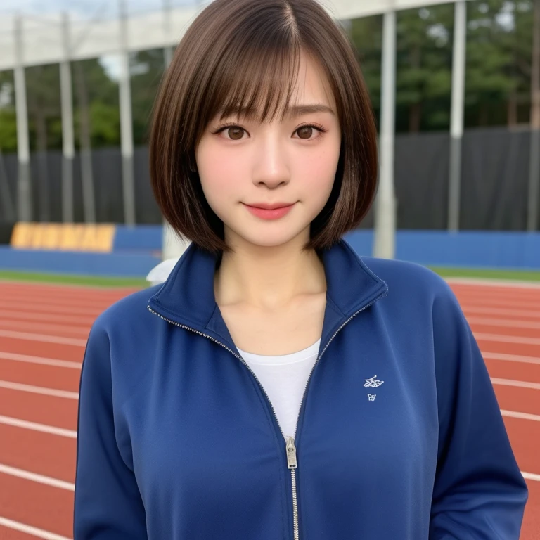 (kawaii 24 year-old Japanese girl, Nogizaka idol, Korean idol), healthy female athlete body, (glossy brown hair, short hair, pixie cut, bangs:1.3), (rounded face, beautiful black eyes, single eyelid, no makeup:1.2), (looking at away, empty eyes, sigh:1.3), (wearing light blue track jacket, sweat jogger pants:1.3), perfect shaped extra small breasts, BREAK, (track and field stadium background), (dynamic angle, bust shot:1.2),  BREAK, (masterpiece, best quality, photo realistic, official art:1.4), (UHD, 8K quality wallpaper, high resolution, raw photo, golden ratio:1.3), (shiny skin), professional lighting, physically based rendering, award winning, (highly detailed skin, extremely detailed face and eyes), Carl Zeiss 85 mm F/1.4, depth of field, 1girl, solo,