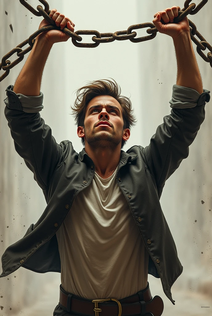 young man with his hands raised breaking the chains on his hands