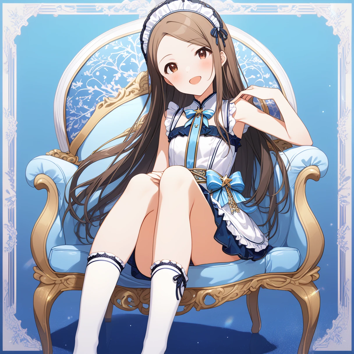 (masterpiece), (Highest quality), High resolution, (Very detailed), (Best illustrations), (Best Shadow), (so beautiful), (very cute), (Absurd), (Blue background), (Blue Room), (Blue carpet), round-shaped face, 
(Highly detailed face), Perfect limbs, Intricate details顔, （High Contrast：2）, 

the idolm@ster, （Minase Iori）, （iori minase）,  girl, 
Black Hair, Brown glossy hair, Long Hair, Long Hair, Brown eyes, ribbonが付きのヘアーバンド, ribbonが付きヘアークリップ, 
Beautiful small breasts, Shyness, smile, Pitiful, Her behavior is very quiet., 
 
Perfect limbs, Perfect Anatomy, Thin legs, Intricate details, Five perfect fingers, One person, so beautiful少女, very cute少女,Big eyes, slender, Tight waist,  (White knee socks), 

Beautiful Skin, sexy,Charm, full body of a young girl, 
(One person、solo:1.4), Full Shot, 

Erotic, 
Backless maid outfit, Short skirt, ribbon, 
Blue striped underwear, White frilly underwear, 小さいribbonが付いてる下着,

(Antique nursing chair), Sitting in a big luxurious chair, A little open legs are beautiful, View from the front,