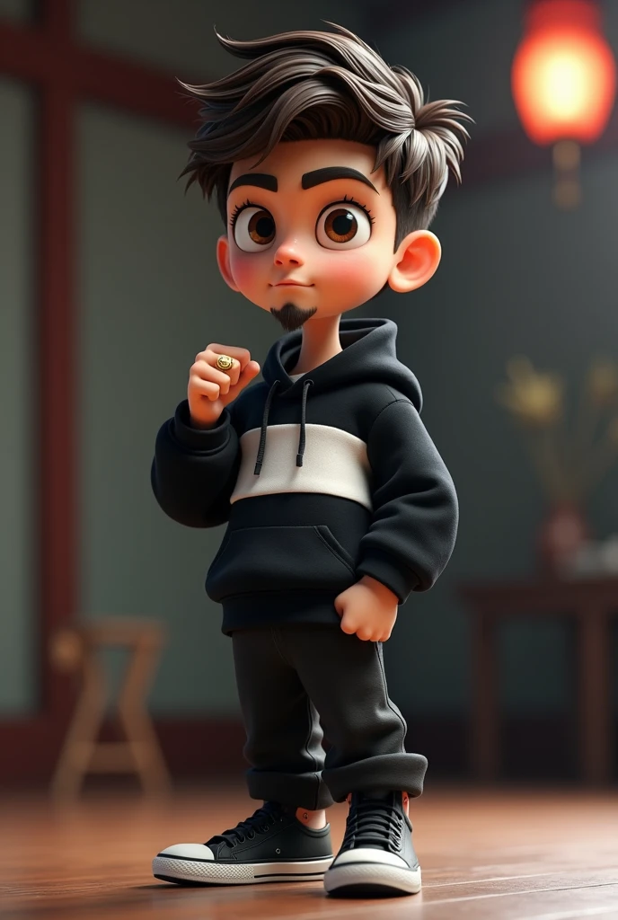 3D pixar style, a 2 young man, white, thin face, thick lips, small brown eyes. White skin, brown wavy hair. Thin goatee In a black and white sweatshirt, black sneakers, with a gold ring on his left finger holding a chaco. In a nunchako room style environment. he have a badboy expression