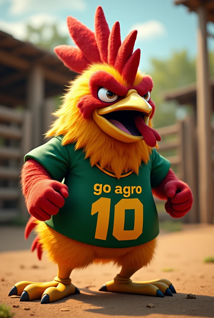 A sports mascot of an angry rooster wearing a green and yellow shirt that says " GO AGRO 10" with corral background
