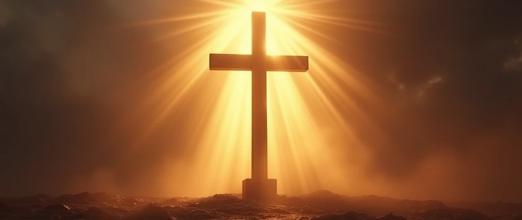 Image of the cross of christ, with rays of light illuminating it, having space for writing