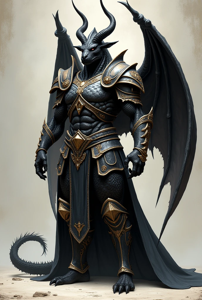 Black dragonborn, male, horns, solo portrait, tail, paladin clothes, (masterpiece), art by greg rutkowski