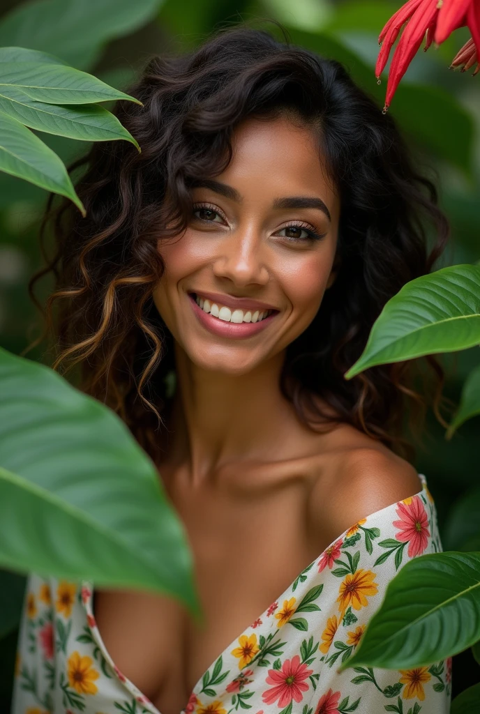 A Brazilian woman in a lush tropical garden, wearing an open shirt with a floral print, with a close-up capturing the harmonious beauty between her breasts and the natural flowers, showing off your natural charm and outgoing personality.