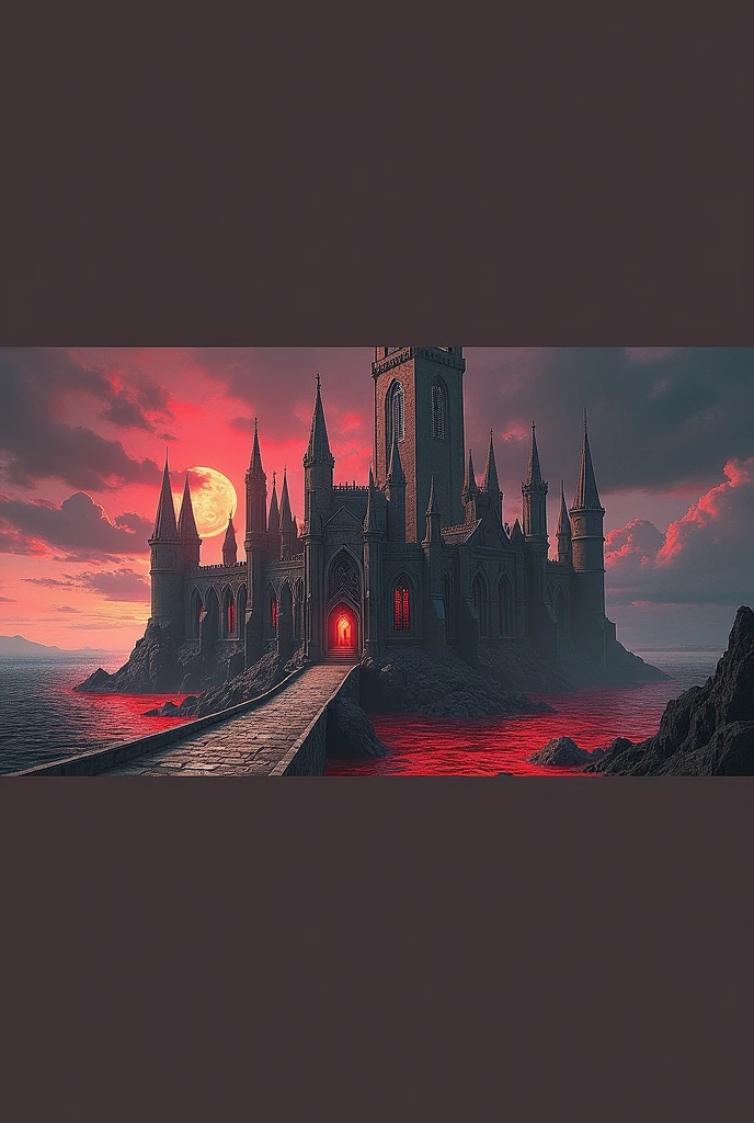 Majestic Gothic CastleThe castle stands imposingly in a setting of sinister and grandiose beauty. Its tall, thin towers, covered in dark, polished stones, seem to touch the reddish sky. The castle walls are adorned with intricate gargoyles and stained glass windows with wrought iron patterns., that project shadows and red lights over the interior corridors.The structure is surrounded by a deep and enigmatic red sea, whose waves shine with a scarlet hue, reflecting the red light of the sky. The sea, sometimes calm, sometimes agitated, seems to pulse with a mystical energy. The castle is situated on a small island, accessible only by a stone path that emerges from the red waters like a ghostly bridge.The sky above is a vast expanse of burnt reds and oranges, with dark, dense clouds moving slowly, casting an ominous and dramatic light on the castle. The glow of the red sky illuminates the Gothic architecture of the castle, accentuating its majestic and imposing appearance.