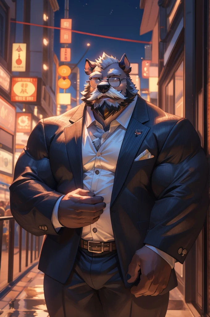 1boy, 1man, solo, a (furry bulldog) standing, (face, detailed face, bearded, white beard, thick mustache, glasses), city , front view, massive muscular , sixpack, (suits), well-muscled old man. ((thick arms, huge pec, huge arms)), wide smiling. Add textures and details to make the image more realistic, such as the appearance of the. Make sure the resulting image is high resolution, 8K quality