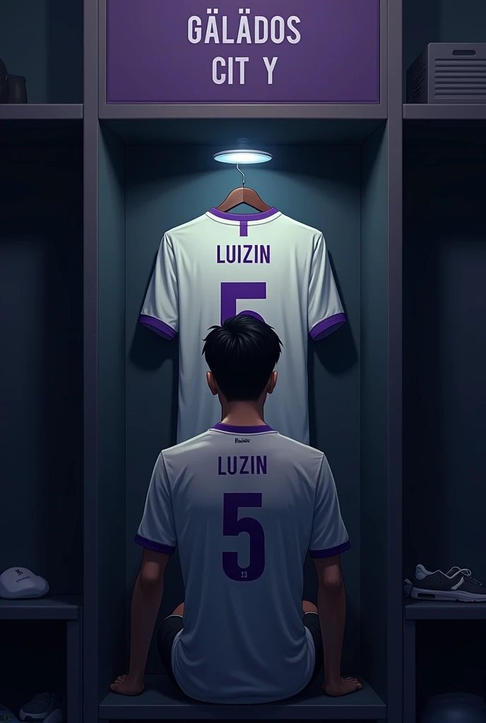 football locker room with a football player's cabin in this cabin there will be a white shirt with purple details (minimalists) on the collar and at the tip of the sleeve the shirt must be showing the back with the name LUIZIN highlighted and the shirt number must be number 5, the cabin at the top must contain the name of the club which is GALADOS CITY, all ambient light must be off, only the light of the sign with the name GALADOS CITY and a low light above the shirt indicating prominence must be on. (The image should be centered and not too far away) and the player with slightly dark skin, short black hair with a gradient and a beard showing that he cares about the current fashion style must be wearing pre-game clothes different from the shirt that is hanging in the locker room, the one he is wearing is gray with purple details on the sleeve and collar of the shirt and on the shorts, the player in the image must be sitting facing forward with his head down (indicating pre-game concentration)