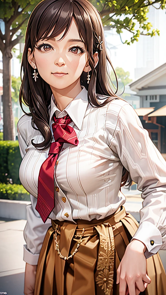 1girl, solo, long brown hair, beautiful detailed eyes, beautiful detailed lips, extremely detailed eyes and face, longeyelashes, breasts, looking at viewer, slight blush, gentle smile, bangs, pleated skirt, collared white shirt, long sleeves, brown eyes, closed mouth, school uniform, standing, yellow eyes, white shirt, blue pleated skirt, outdoors, necktie, sky, kneehighs, white socks, red necktie, shirt tucked in, east asian architecture, best quality, 4k, 8k, highres, masterpiece, ultra-detailed, realistic, photorealistic, photo-realistic, HDR, UHD, studio lighting, ultra-fine painting, sharp focus, physically-based rendering, extreme detail description, professional, vivid colors, bokeh, portraits