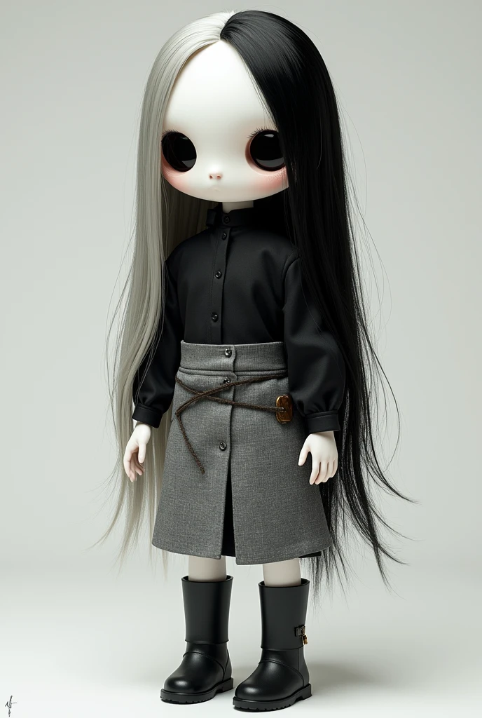 Male doll with round head, black eyes, long hair, half is gray, the other half is black, shirt with long black sleeves, and gray skirt with a bol base club made of iron, with white skin, full body with black boots