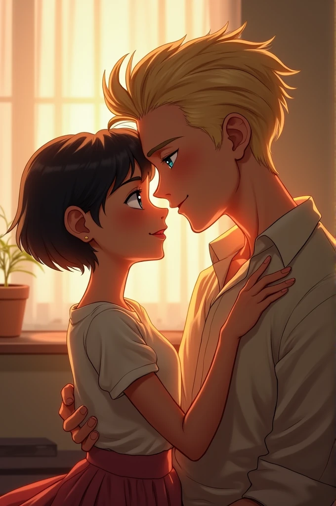 Couple of boyfriends Tall blond boy with blue eyes , aquiline nose affectionate thin girl light brown skin black hair brown eyes short happy