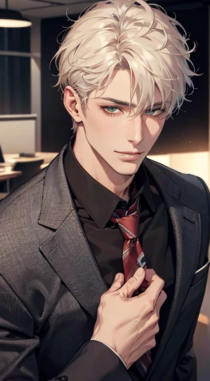 (Highest quality,4K,8K,High resolution,masterpiece:1.2),Super detailed,(Realistic,photoRealistic,photo-Realistic:1.37),1 personld,Mature Men,Beautiful skin、very handsome,Expressionless smile in love,Short white hair,green eyes,Sharp Eyes,A perfect face without a doubt,Businessman, CEO, Office Background,Cinema Lighting,HDR image,tie、