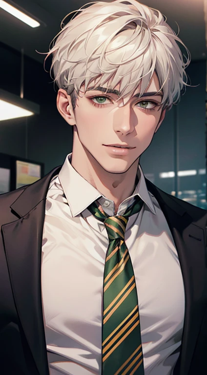 (Highest quality,4K,8K,High resolution,masterpiece:1.2),Super detailed,(Realistic,photoRealistic,photo-Realistic:1.37),1 personld,Mature Men,Beautiful skin、very handsome,Expressionless smile in love,Short white hair,green eyes,Sharp Eyes,A perfect face without a doubt,Businessman, CEO, Office Background,Cinema Lighting,HDR image,tie、