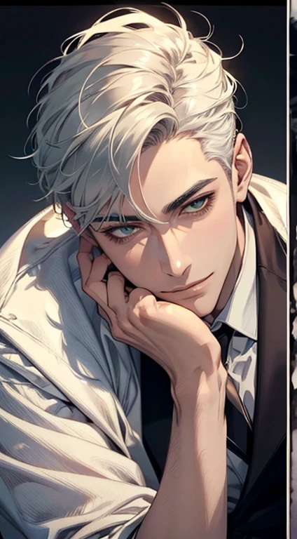 (Highest quality,4K,8K,High resolution,masterpiece:1.2),Super detailed,(Realistic,photoRealistic,photo-Realistic:1.37),1 personld,Mature Men,Beautiful skin、very handsome,Expressionless smile in love,Short white hair,green eyes,Sharp Eyes,A perfect face without a doubt,Businessman, CEO, Office Background,Cinema Lighting,HDR image,tie、
