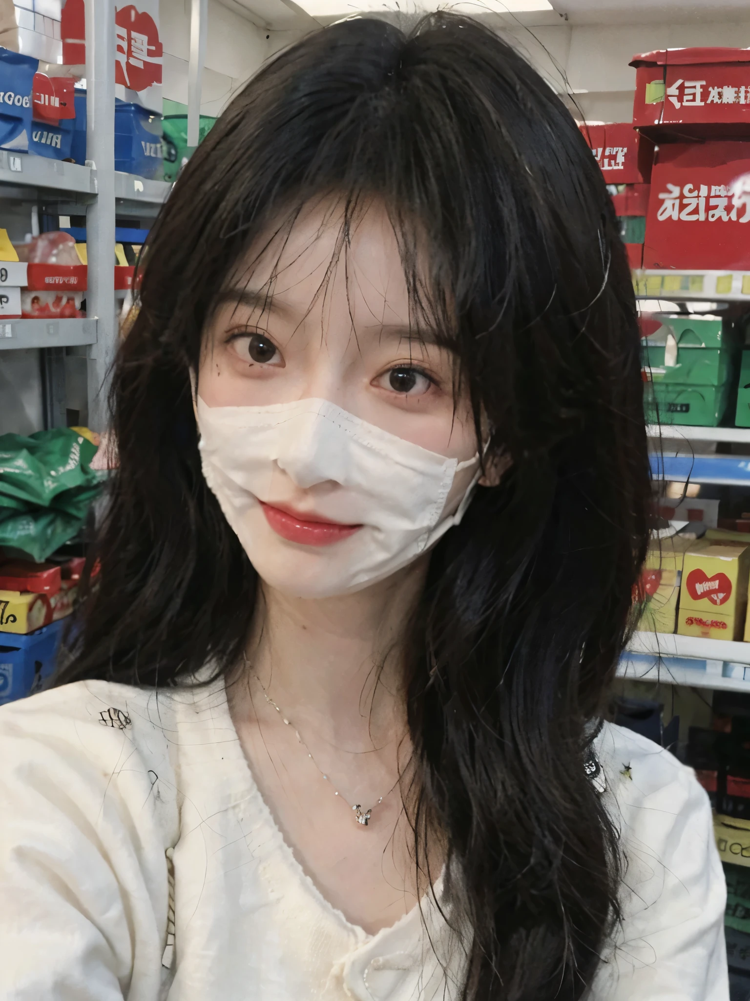 wear mask,Best quality,wear mask,Ultra-high resolution,(Realism:1.4),wear mask,Cute hairpins,girll,Cropped black sweater,wear mask,Look directly at the audience,Full of atmosphere,Beautiful woman with a slim figure:1.4,supermarket,whole body,Super delicate face,Exquisite eyes,Double eyelids,necklace