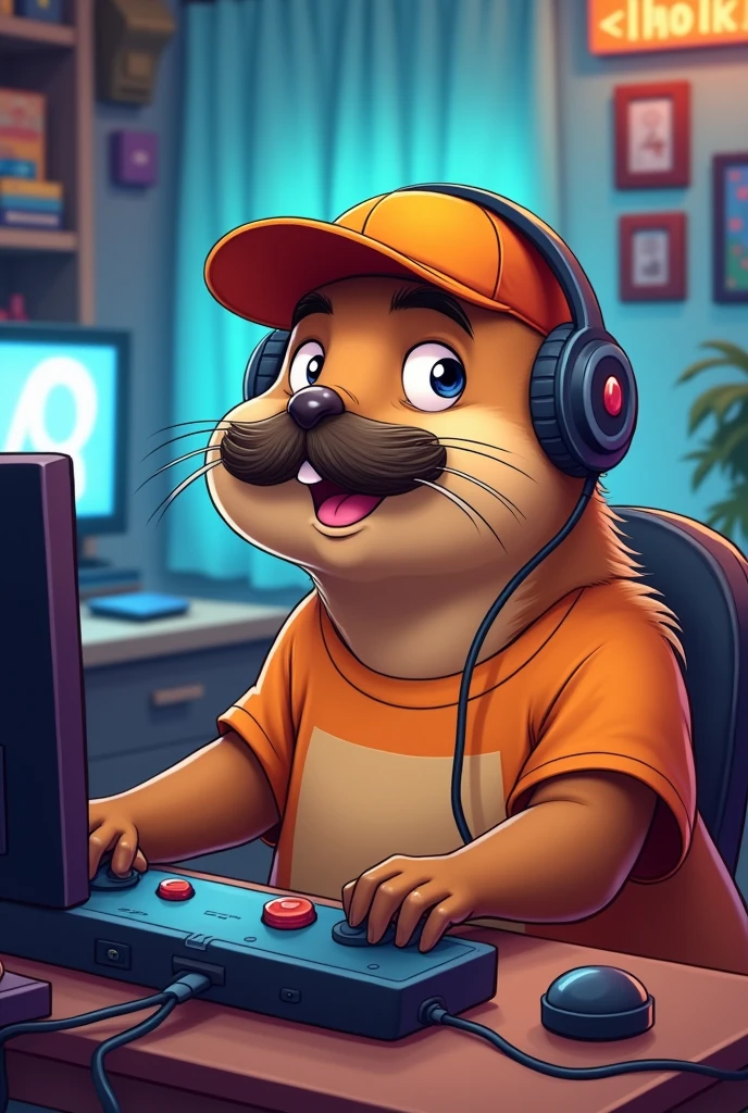Cartoon drawing of a capybara face with a mustache playing a video game in a t-shirt, orange cap and headphones! adult male