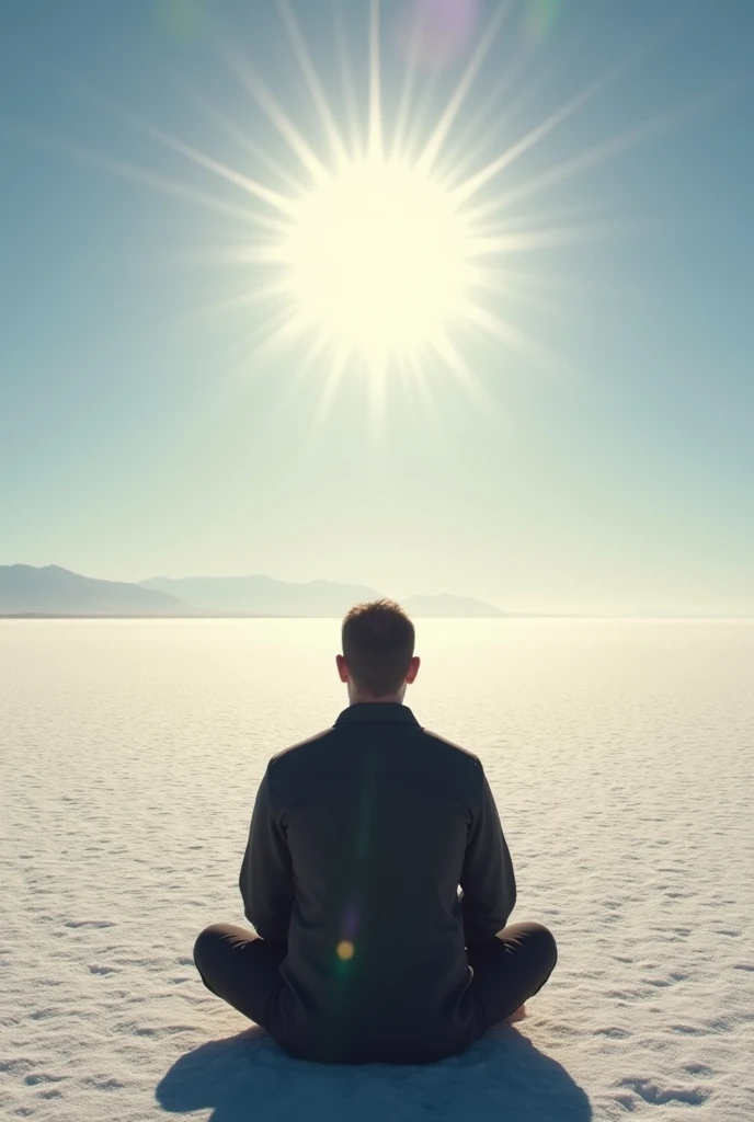  Man looking at the sun, back, meditating on the uyuni salt flat
