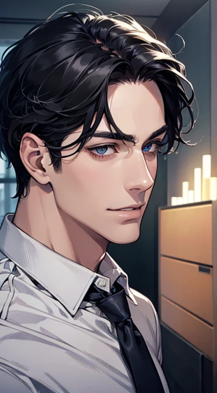 (Highest quality,4K,8K,High resolution,masterpiece:1.2),Super detailed,(Realistic,photoRealistic,photo-Realistic:1.37),1 personld,Mature Man,Beautiful skin、Profile、very handsome,Expressionless,smile,Short gray black hair,blue eyes,Sharp Eyes,A perfect face without a doubt,Businessman,Office Background,Cinema Lighting,HDR image,tie、