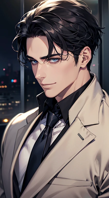 (Highest quality,4K,8K,High resolution,masterpiece:1.2),Super detailed,(Realistic,photoRealistic,photo-Realistic:1.37),1 personld,Mature Man,Beautiful skin、Profile、very handsome,Expressionless,smile,Short gray black hair,blue eyes,Sharp Eyes,A perfect face without a doubt,Businessman,Office Background,Cinema Lighting,HDR image,tie、