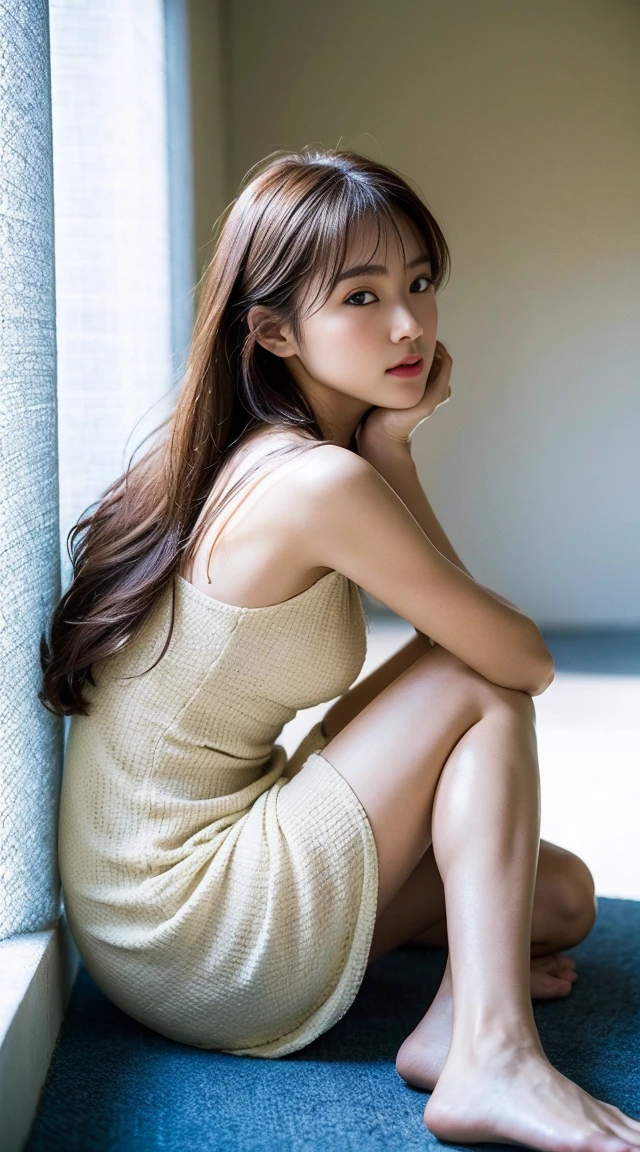 Girl (masterpiece: 1.4), (8K, realistic, raw photo, top quality: 1.4), Japan person, (1 girl), beautiful face, (real face: 1.4), (caramel hair, long hair: 1.3), beautiful hairstyle, realistic eyes, beautiful detail eyes, (real skin: 1.3), beautiful skin, attractive, ultra high resolution, ultra realistic, high definition, golden ratio, (detailed face: 1.4), (Anna Tanaka), wet and close to skin, See-through camisole, (18 years old), sitting on stairs, nsfw, ((bend knees and open legs)), front, white see-through panties