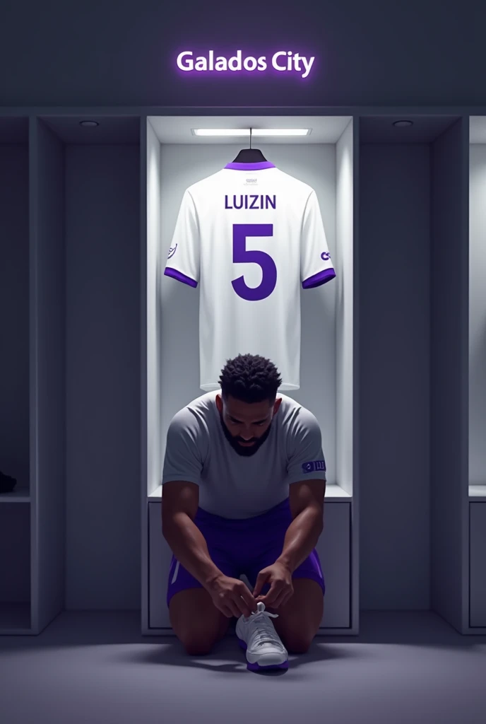 football locker room with a football player&#39;s cabin in this cabin there will be a white shirt with purple details (minimalists) on the collar and at the tip of the sleeve the shirt must be showing the back with the name LUIZIN highlighted and the shirt number must be number 5, the cabin at the top must contain the name of the club which is GALADOS CITY, all ambient light must be off, only the light of the sign with the name GALADOS CITY and a low light above the shirt indicating prominence must be on. (The image should be centered and not too far away) and the player with slightly dark skin, short black hair with a gradient and a beard showing that he cares about the current fashion style must be wearing pre-game clothes different from the shirt that is hanging in the locker room, the one he is wearing is gray with purple details on the sleeve and collar of the shirt and on the shorts, the player in the image must be tying his shoes and concentrating (indicating pre-game concentration)