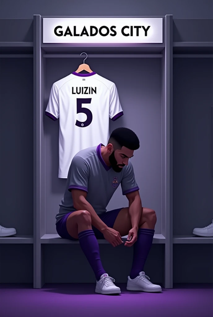 football locker room with a football player's cabin in this cabin there will be a white shirt with purple details (minimalists) on the collar and at the tip of the sleeve the shirt must be showing the back with the name LUIZIN highlighted and the shirt number must be number 5, the cabin at the top must contain the name of the club which is GALADOS CITY, all ambient light must be off, only the light of the sign with the name GALADOS CITY and a low light above the shirt indicating prominence must be on. (The image should be centered and not too far away) and the player with slightly dark skin, short black hair with a gradient and a beard showing that he cares about the current fashion style must be wearing pre-game clothes different from the shirt that is hanging in the locker room, the one he is wearing is gray with purple details on the sleeve and collar of the shirt and on the shorts, the player in the image must be tying his shoes and concentrating (indicating pre-game concentration)
