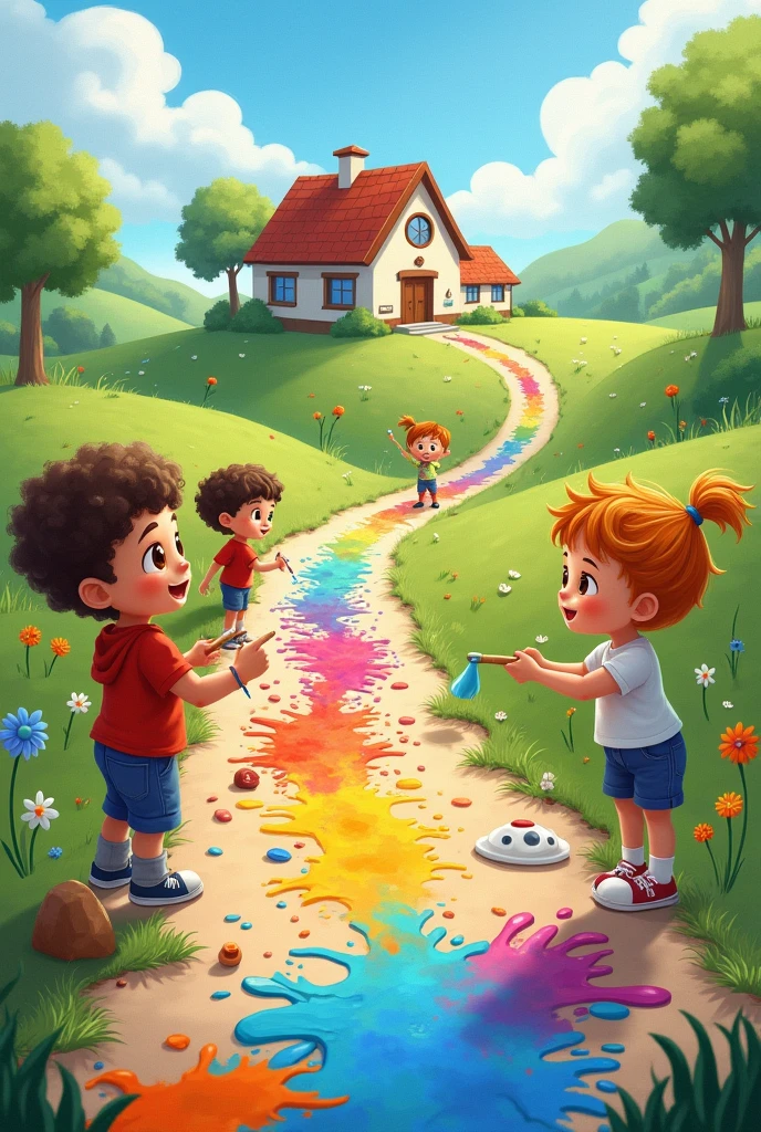 Drawing of  painting a colorful path with a school in the background