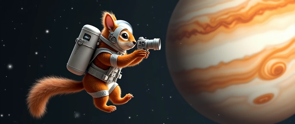an astronaut squirrel taking photos of jupiter
