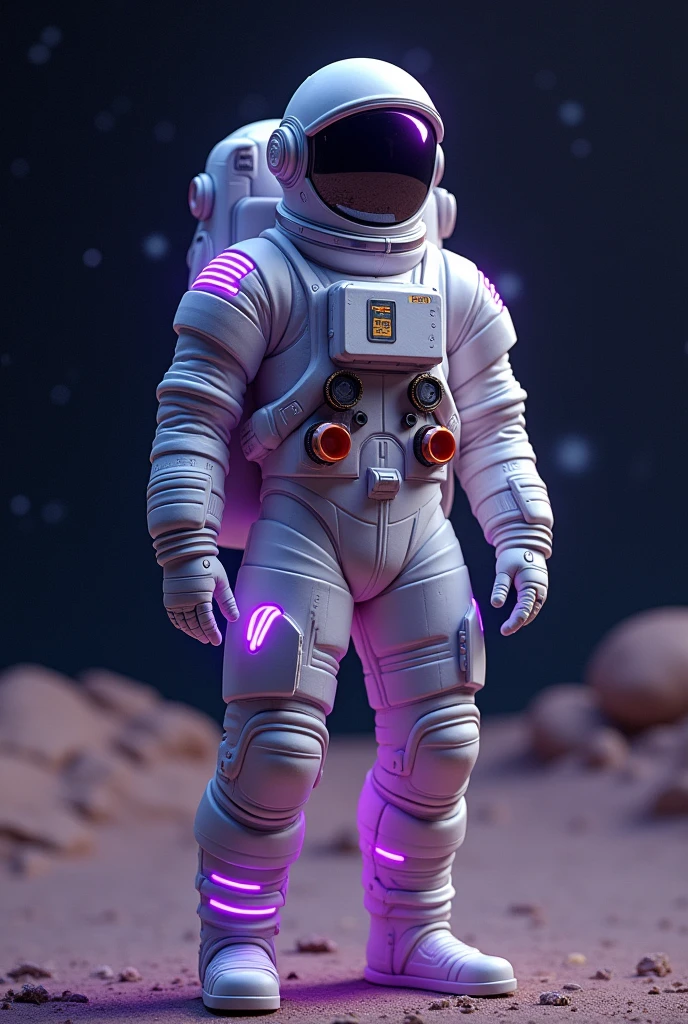 GREEK STATUE DRESSED IN AN ASTRONAUT OUTFIT WITH PURPLE DETAILS