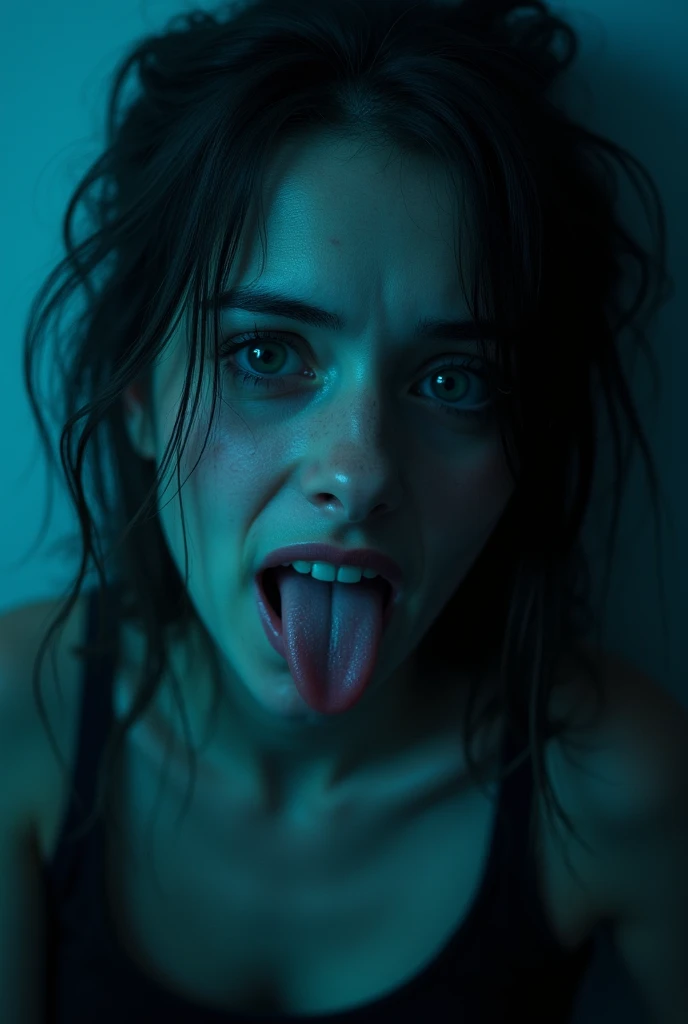 tired looking woman with tongue out, inspired by Elsa Bleda, by Elsa Bleda, extremely moody blue lighting, malika favre, dripping saliva, moody dim lighting, albi albi, foggy melancholic lighting, very moody lighting, feral languid emma roberts, by Adam Marczyński, dark moody intimate