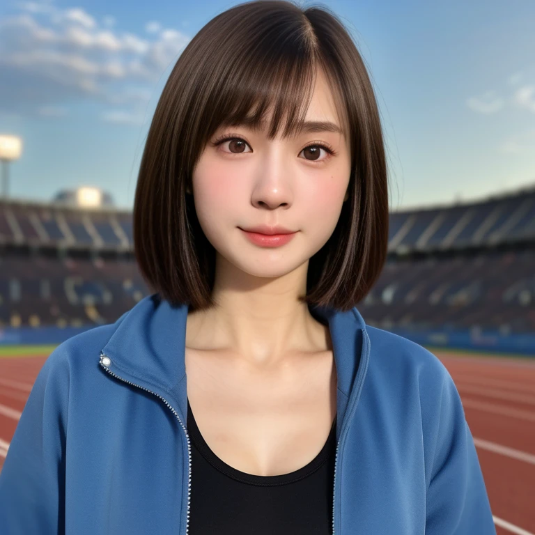 (kawaii 24 year-old Japanese girl, Nogizaka idol, Korean idol), healthy female athlete body, (glossy brown hair, short hair, pixie cut, bangs:1.3), (rounded face, beautiful black eyes, single eyelid, no makeup:1.2), (looking at away, empty eyes, sigh:1.3), (wearing light blue track jacket, sweat jogger pants:1.3), perfect shaped extra small breasts, BREAK, (track and field stadium background), (dynamic angle, bust shot:1.2),  BREAK, (masterpiece, best quality, photo realistic, official art:1.4), (UHD, 8K quality wallpaper, high resolution, raw photo, golden ratio:1.3), (shiny skin), professional lighting, physically based rendering, award winning, (highly detailed skin, extremely detailed face and eyes), Carl Zeiss 85 mm F/1.4, depth of field, 1girl, solo,
