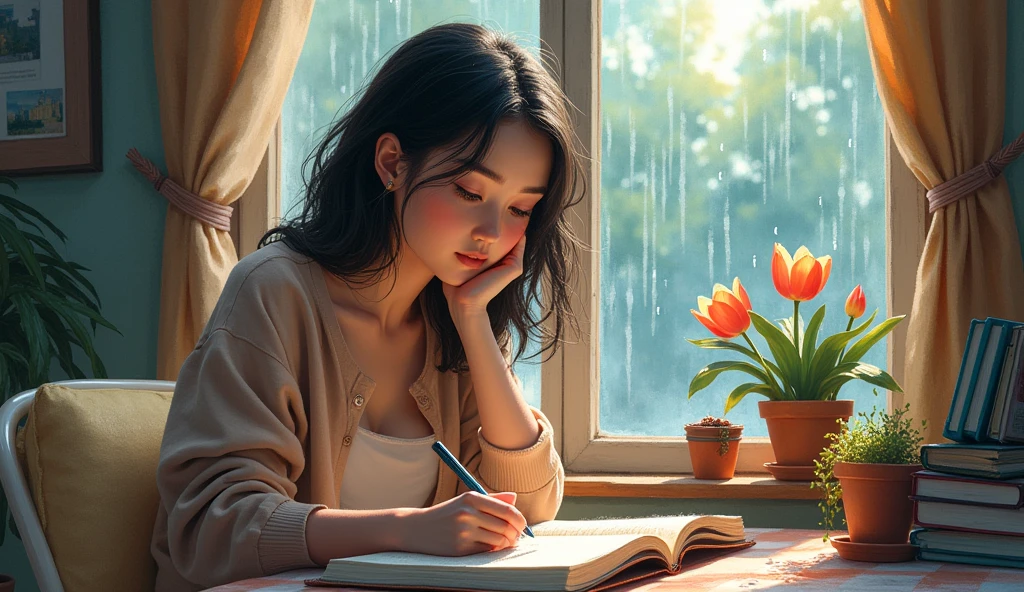 Watercolor art a thoughtful person , sitting at home writing in her diary and thinking in the background a window with rain outside colorful image watercolor art