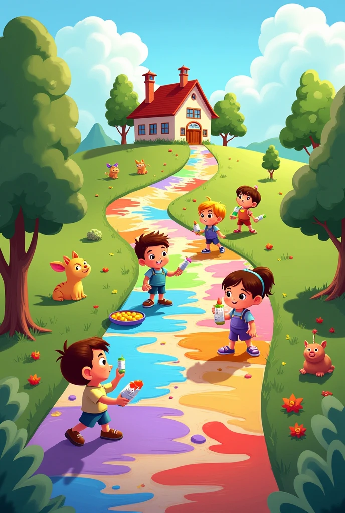 Drawing of painting a colorful path with a school in the background