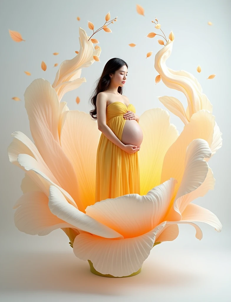 pregnant woman in yellow  dress standing in a large flower, digital art inspired by Igor Kieryluk, trending on cg society, digital art, maternal photography 4 k, perky woman made of petals, pregnant belly, stunning elegant pose, flower goddess, lady with glowing flowers dress, maternity feeling, dressed in a flower dress, photo manipulation, beautiful and graceful, pregnant, leaf flowing in air