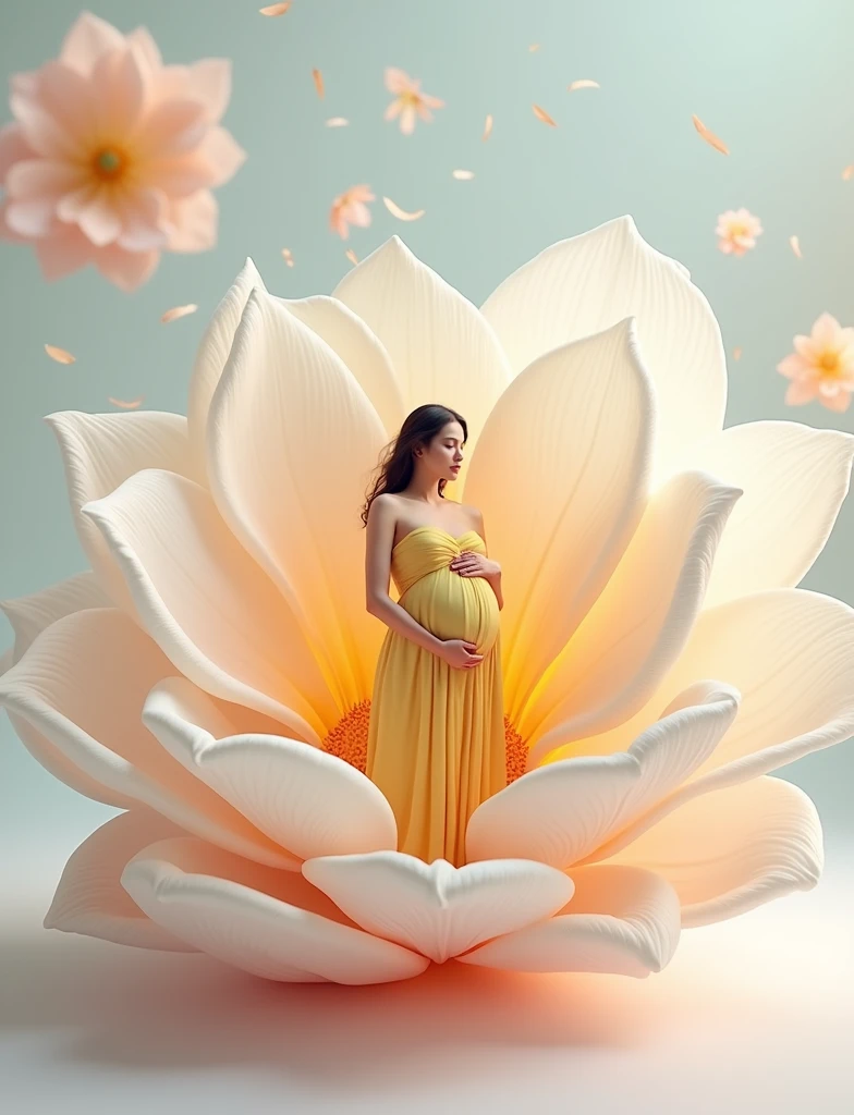 pregnant woman in yellow dress standing in a large flower, digital art inspired by Igor Kieryluk, trending on cg society, digital art, maternal photography 4 k, perky woman made of petals, pregnant belly, stunning elegant pose, flower goddess, lady with glowing flowers dress, maternity feeling, dressed in a flower dress, photo manipulation, beautiful and graceful, pregnant, leaf flowing in air