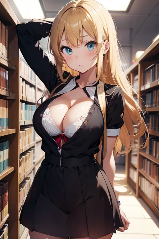 anime girl, serafuku, large breasts, cleavage, payot, blonde hair, aqua eyes, looking at viewer, gloom, female focus, cowboy shot, library, beautiful lighting