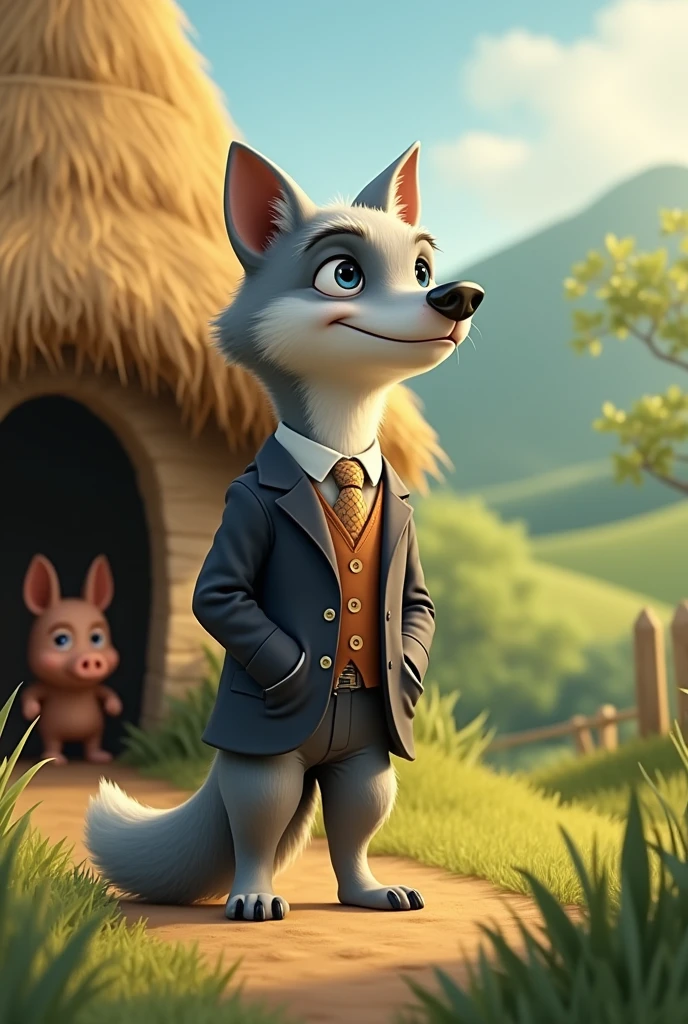 A well-dressed and well-mannered adult wolf smells the cake coming from the cool adult pig's straw house