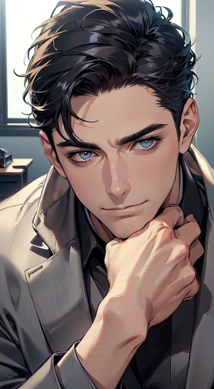 (best quality,4k,8k,highres,masterpiece:1.2),ultra-detailed,(realistic,photorealistic,photo-realistic:1.37),1 man,3,mature man,very handsome,without expression,smile,short grey black hair,blue eyes,penetrating gaze,perfect face without errors,imposing posture,businessman,office background,cinematic lighting,hdr image