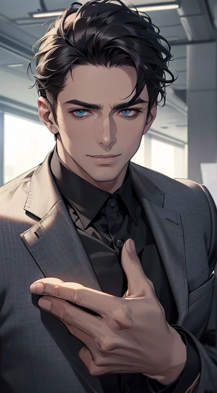 (best quality,4k,8k,highres,masterpiece:1.2),ultra-detailed,(realistic,photorealistic,photo-realistic:1.37),1 man,3,mature man,very handsome,without expression,smile,short grey black hair,blue eyes,penetrating gaze,perfect face without errors,imposing posture,businessman,office background,cinematic lighting,hdr image