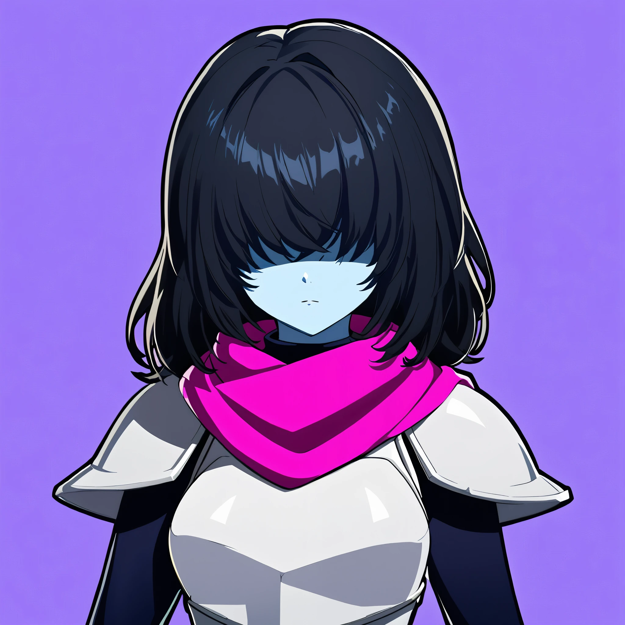 (darkkris, 1girl, solo, cowboy shot, portrait, upper body), blue skin, black bodysuit, (breasts:0.1, white breastplate, shoulder armor), pink scarf:0.3, (medium hair, black hair, shaded face, hair over eyes, no eyes)