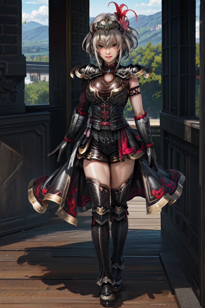 (masterpiece:1.1), (best quality:1.1), 1girl, Real light and shadow, anime face, 4k, 8k, wallpaper,epic, detail texture, Lu Lingqi, grey hair, brown eyes, short hair, headpiece, feathers, armored dress, shoulder armor, black skirt, thigh boots, armored boots, gloves, grassy mountains, trees, japanese architecture, river, plants,, hands between legs,,intricate eyes,beautiful detailed eyes, (symmetrical eyes,big eyes:1.5,(((lustrous skin:1.5,bright skin: 1.5,skin tanned,shiny skin,very shiny skin,shiny body,plastic glitter skin,exaggerated shiny skin,illuminated skin))),(detailed body,(detailed face)), cute, erotic,daring, jersey, number zero, basketball uniform, blue shorts, orange trim, shirt tucked in, from behind, tired, parted lips, looking at viewer, room, wooden wall, wooden floor, (Beautiful, small Breasts:1.2), natural breasts, best quality, masterpiece, very aesthetic, dress, jewelry, flower, wedding dress, veil, necklace, elbow gloves, smile, looking at viewer, (dynamic pose:1.0),happy,smile,(centered,scale to fit dimensions,Rule of thirds), highres,sharp focus,(ultra detailed,extremely detailed),(photorealistic artwork:1.37),(extremely detailed CG unity 8k wallpaper),(((vibrant colors,vibrant theme))),(intricate),(masterpiece),(best quality),
