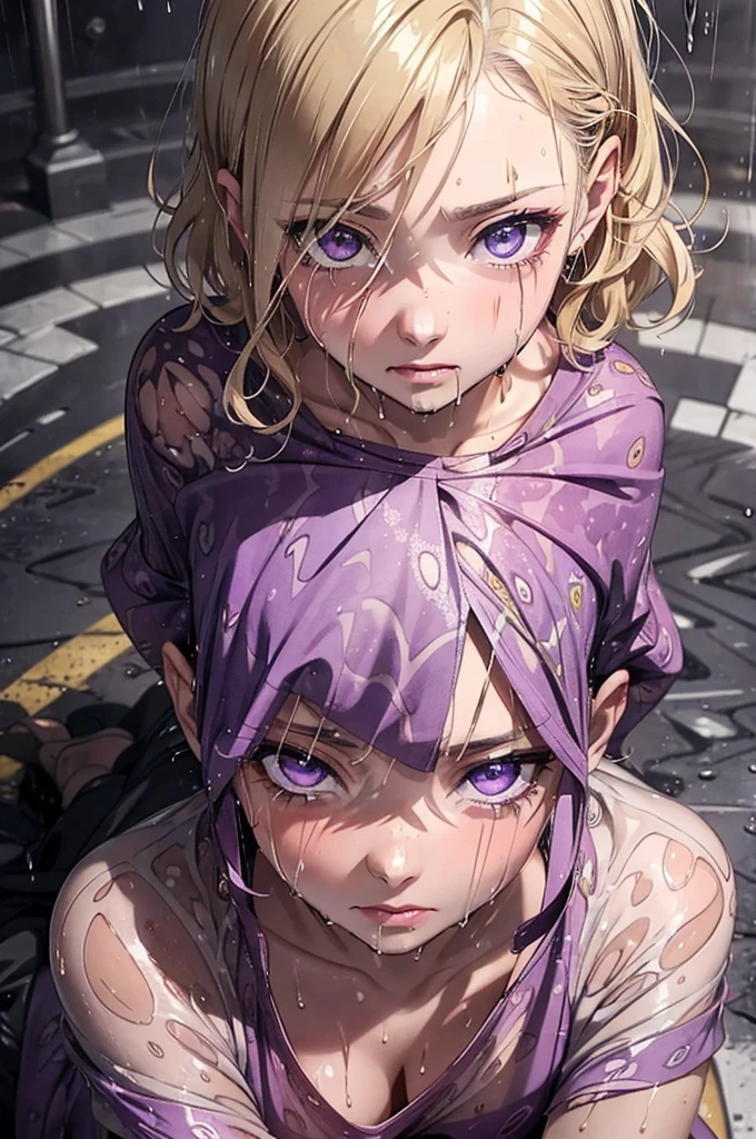 ((amazing purple eyes)), ((absolutely soaking wet, drenched, wet through)), wearing nothing but her pyjama shirt, patterned shirt, soaking wet, heavy rainfall, caramel-blonde hair, gorgeous amazing eyes, depressed purple eyes, crying, sad, very dark, nighttime, short hair, Patterned pyjamas, ((amazing detailed, amazing fabric detail)), Tint breasts, sitting on the ground, sitting on the floor,