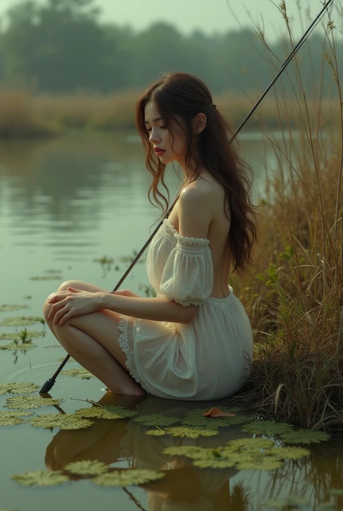 (photorealism:1.2), beautiful woman, red hairstyle, In a muddy lake, green lagoon with algae, She was wearing a white dress with a lampshade underneath.., wearing a panty, With a short fishing rod and on my knees by the lake, dark and gloomy atmosphere, Transparent dress, realist, intricate details, warm color environment
