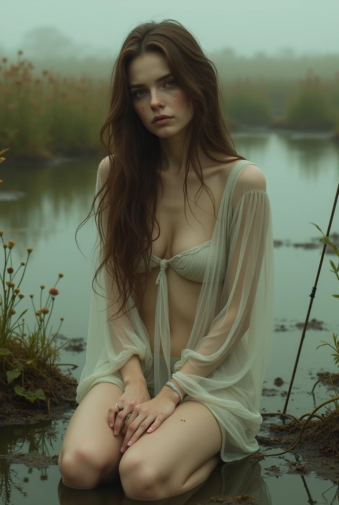 adult women, in an open field, brown hair style, In a muddy lake, green lagoon with algae, She was wearing a white dress, wearing a panty, With a short fishing rod and sitting by the lake, dark and gloomy atmosphere, Transparent dress, realist, intricate details, warm color environment