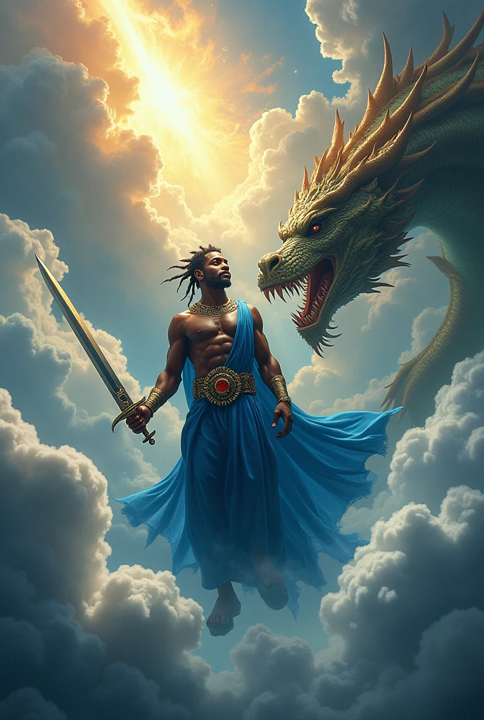 Male Orisha Ogum of the Afro religion in blue clothing with his sword in his hand, characteristics of Saint George in the clouds fighting the dragon