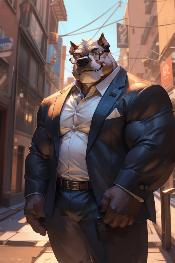 1boy, 1man, solo, a (furry bulldog) standing, (face, detailed face, glasses), city , front view, massive muscular , sixpack, (suits), well-muscled old man. ((thick arms, huge pec, huge arms)), wide smiling. Add textures and details to make the image more realistic, such as the appearance of the. Make sure the resulting image is high resolution, 8K quality