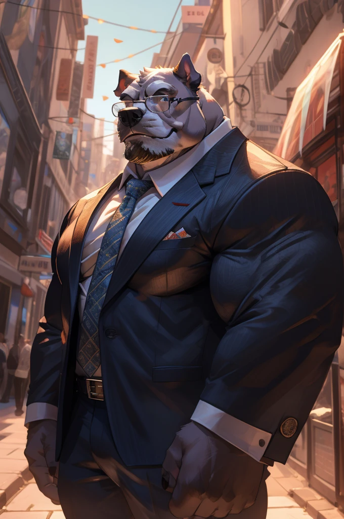 1boy, 1man, solo, a (furry bulldog) standing, (face, detailed face, glasses), city , front view, massive muscular , sixpack, (suits), well-muscled old man. ((thick arms, huge pec, huge arms)), wide smiling. Add textures and details to make the image more realistic, such as the appearance of the. Make sure the resulting image is high resolution, 8K quality