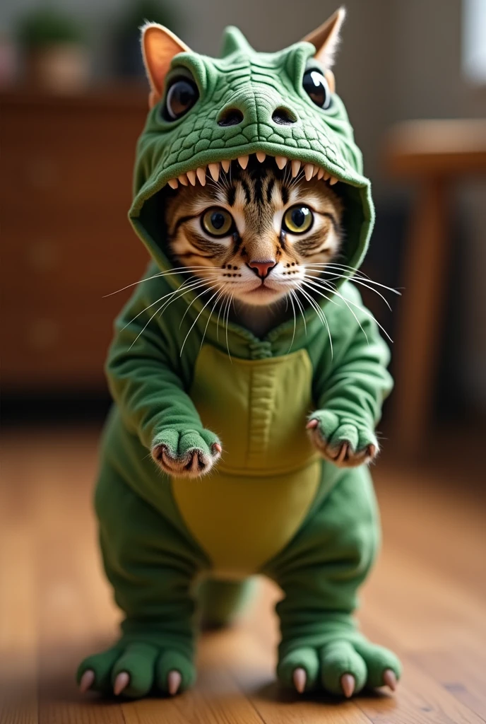 A cute tabby cat with large, expressive eyes, standing upright in a realistic dinosaur costume. The costume is green with textured scales, featuring a dinosaur face hood with sharp teeth and eyes on the top. The cat is centered in the image, standing on a wooden floor in a simple indoor setting. The image is in a vertical 9:16 aspect ratio, ensuring that the entire cat in its dinosaur costume is clearly visible from head to toe. The lighting is soft, highlighting the details of the costume and t